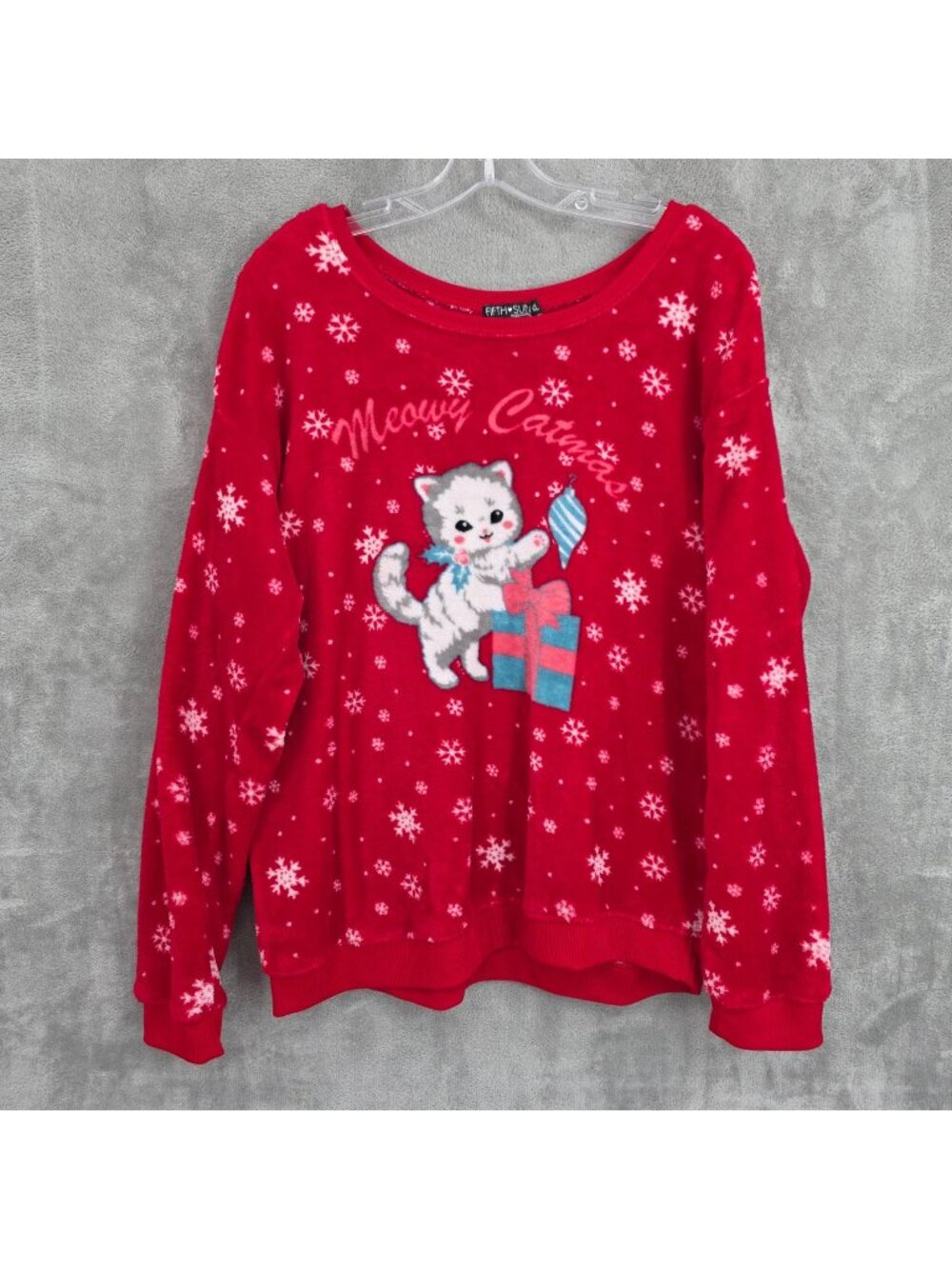 Fifth Sun Meowy Catmas Plush Fleece Holiday Christmas Sweater XL Red Kitty Cat
